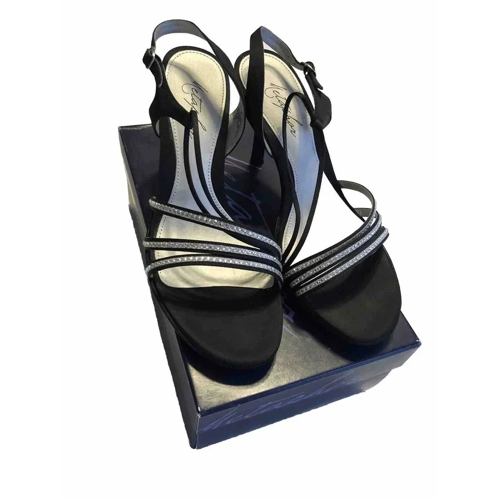 Metaphor‎ Womens Size 8.5 Strappy Black Dress Heels with Rhinestones Stiletto